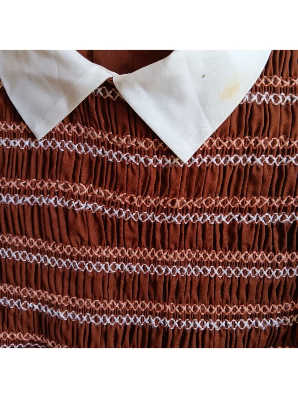 Vintage Girls 8 Dress 1970's J.C. Penney Brown Smocked White Collar & Cuffs Mod